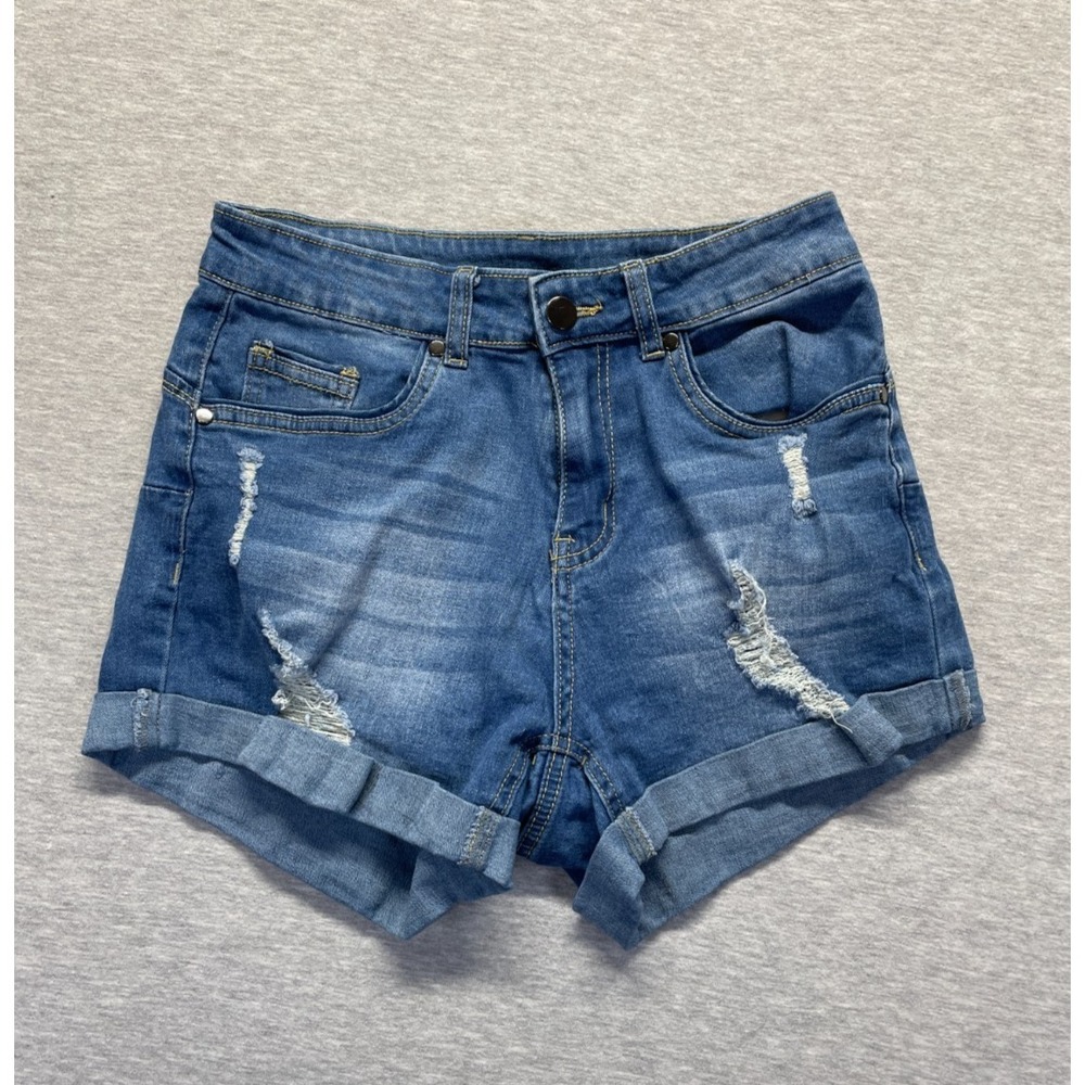 Women's Jean Shorts Small Blue Denim Medium Wash Stretch Cuffed Hem‎ Distressed